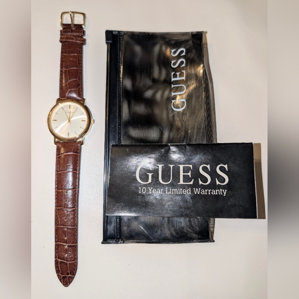 Vintage Guess Gold-Tone Watch with Brown Croc-Embossed Strap